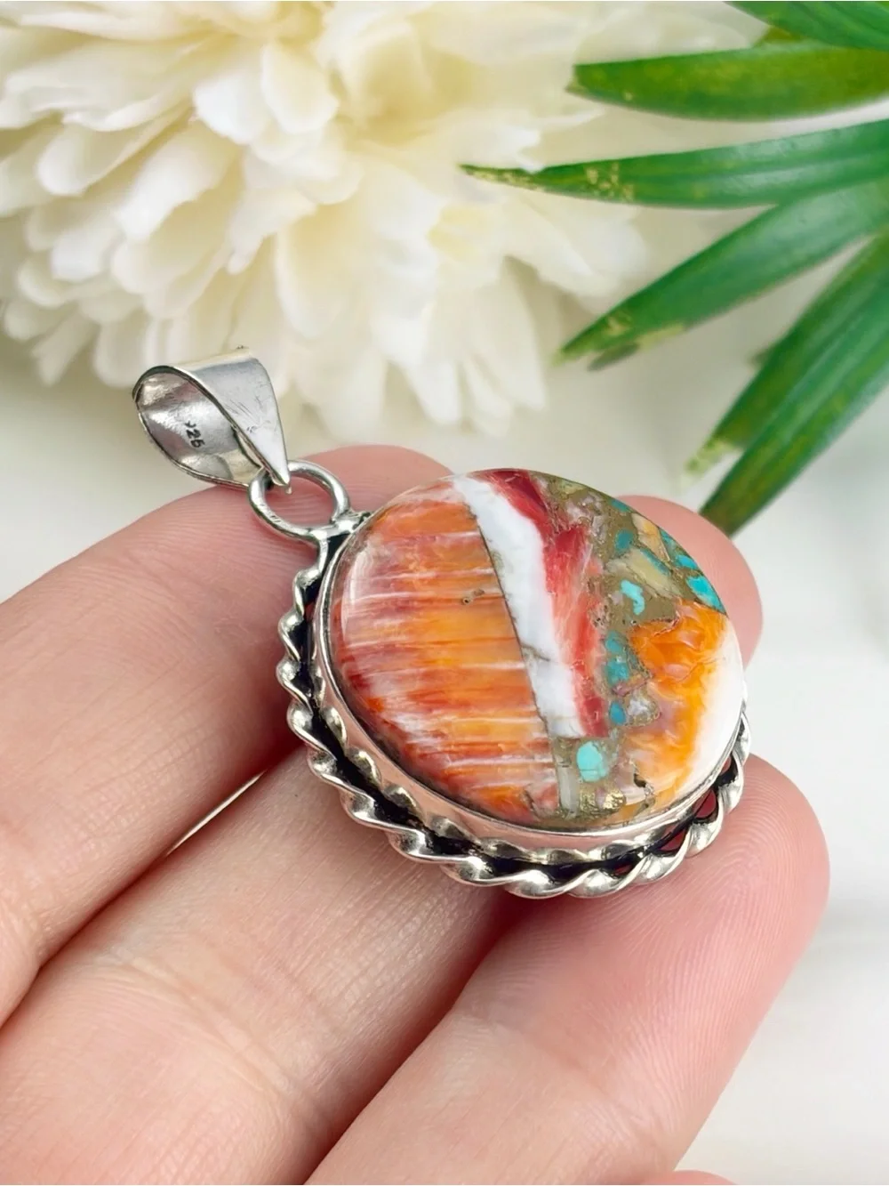 New Southwest Round Oyster Copper Turquoise Pendant 925 Sterling Silver Overlay